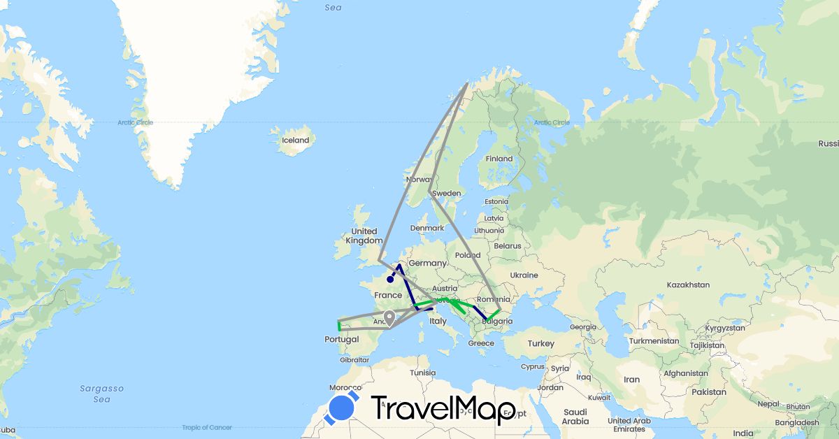 TravelMap itinerary: driving, bus, plane in Bosnia and Herzegovina, Belgium, Bulgaria, Spain, France, United Kingdom, Croatia, Italy, Norway, Portugal, Romania, Serbia, Slovenia (Europe)